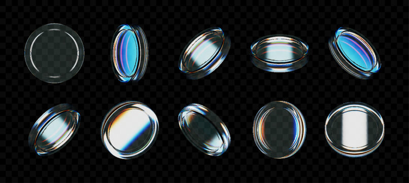 3D glass coins with holographic shine, floating in the air. Colorful token design for game rewards, casino chips, digital currency or prize medals, isolated on dark background.