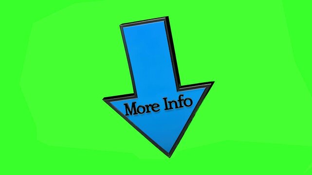 A prominent, glossy blue 3D arrow pointing downwards, featuring the text 'More Info' in a serif font on its surface. The asset is isolated on a bright green chroma key background, making it a perfect 