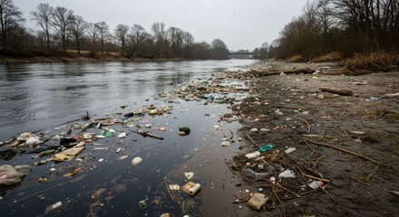 Polluted Riverbank with Floating Debris and Plastic Waste