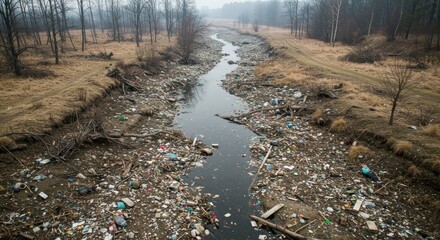 Polluted Riverbanks Littered with Plastic Waste and Debris