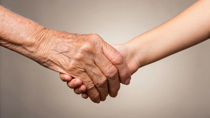 Fototapeta premium Two hands, one aged and wrinkled, the other youthful, clasp together, symbolizing connection across generations.