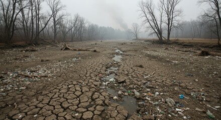Polluted Riverbed with Cracked Earth and Debris