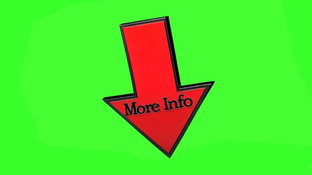 An animated 3D red arrow pointing downwards featuring the black text More Info engraved on it. Isolated on a chroma key green background, this graphic element is ideal for directing attention, providi