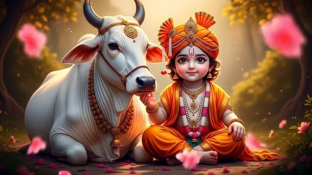 This cute little Krishna is with the revered cow, a devotional event celebrated by Indian religions such as Hinduism, Govardhan Puja, and Vasubaras. It is the Hindu festival of Krishna ... See More