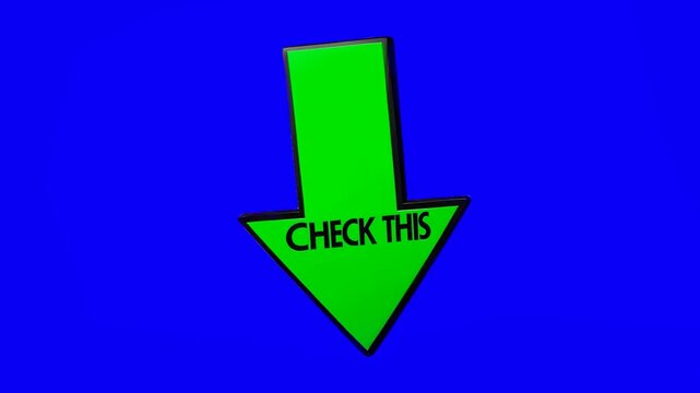A glossy green 3D arrow pointing downward displaying bold black CHECK THIS text rotates in a smooth looping animation on a blue background. Excellent for clickbait elements, product highlights, recomm