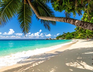 Obraz premium A pristine, tropical beach scene featuring clear turquoise waters and a sunny sky