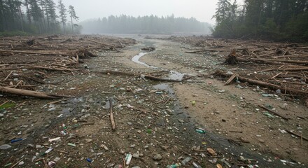 Polluted Riverbed with Debris and Plastic Waste