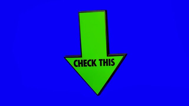 A glossy green 3D arrow pointing downward displaying bold black CHECK THIS text rotates in a smooth looping animation on a blue background. Excellent for clickbait elements, product highlights, recomm