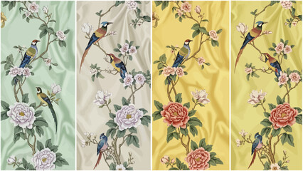 Four color variations of a Chinoiserie-style pattern featuring colorful birds perched on flowering peony and blossom branches on a silky, draped fabric.