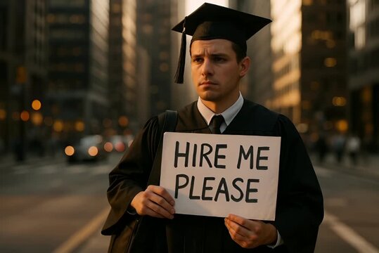 Graduate in Cap and Gown Holding Hire Me Please Sign