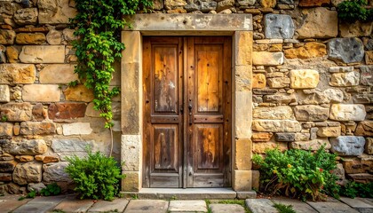 Aged wooden door in stone wall