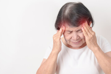 Fototapeta premium Elderly Woman having headache and Dizzy for concepts of Chronic Stress, Headache and Migraine, World Brain Tumor day, Brain Cancer, Brain Stroke, Dementia, alzheimer, Hypotension and mental health