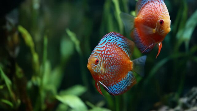 Two vibrant orange and blue discus fish swimming near green plants