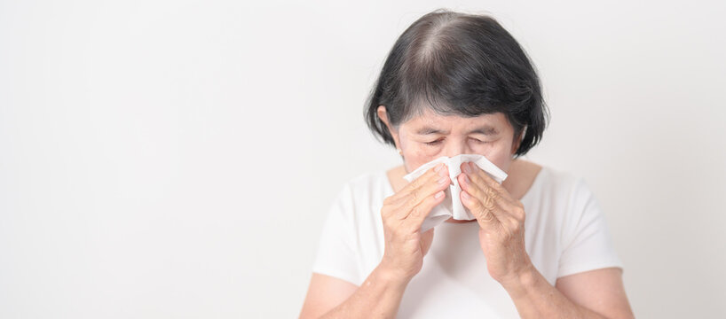 Elderly woman blowing her nose with tissue for concepts of Common Cold, Influenza, Flu, Hay, Fever, Covid 19, Respiratory Infection, Sinusitis, Allergic Rhinitis, Allergy, Medical and health care