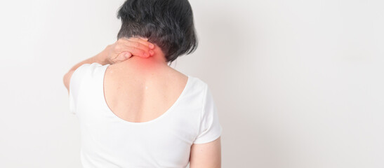 Elderly Woman having Neck pain for concepts of Neck Muscle Strain and Inflammation, Myofascial pain...