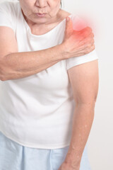 Elderly Woman having Shoulder Pain for Muscle Inflammation and Sprain, Myofascial ache syndrome and Fibromyalgia, Shoulder Myalgia, Scapular Tightness, Cervical Spine, Rheumatism and Health care