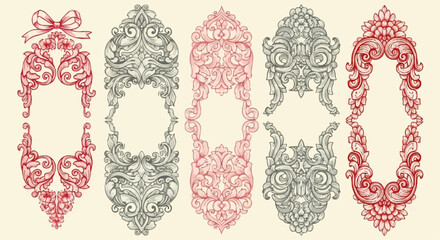 Collection of ornate decorative frames and borders in red and gray watercolor style