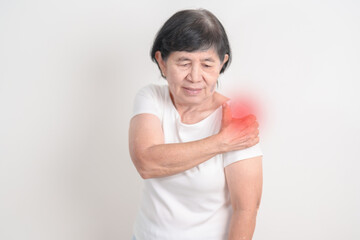 Elderly Woman having Shoulder Pain for Muscle Inflammation and Sprain, Myofascial ache syndrome and...