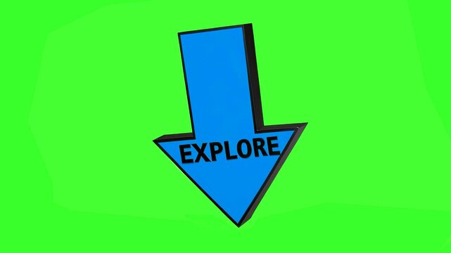 A stylized blue 3D arrow pointing down featuring "Explore" text, isolated on a green screen background for easy compositing. Ideal for travel, discovery, or website navigation content to guide viewers