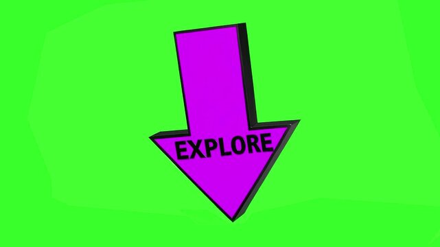 A large purple 3D arrow pointing downward featuring the text EXPLORE in black capital letters. This animated element on a green screen is ideal for travel vlogs, websites, or any content requiring a d