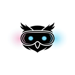 Futuristic owl mascot, neon goggles eyes, tech security vision, modern smart surveillance logo, minimal vector emblem