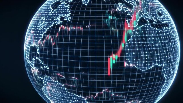 Global stock market data visualized on a glowing, digital globe - Powered by Adobe