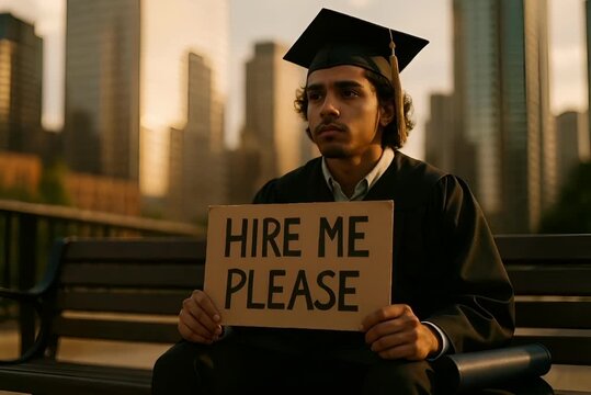 Graduate in Cap and Gown Holding Hire Me Please Sign