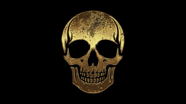 Skull with slightly reflected outlines on a gold foil-like surface, loop, alpha channel

