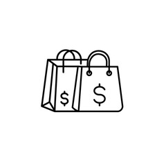 Minimalist Vector Icon Set Featuring Shopping Bags with Dollar Sign Currency Modern Line Art Style