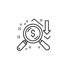 Icon Set Vector Illustration of Magnifying Glass with Dollar Sign and Downward Arrow in Modern Line Art Style