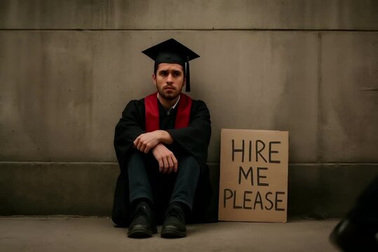 Graduate in Cap and Gown Holding Hire Me Please Sign