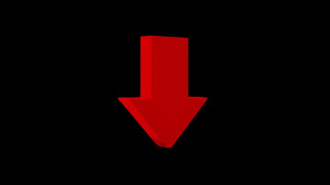 A striking red glossy 3D arrow pointing down smoothly spins in a looping animation against a solid black background. Great for dark-mode interfaces, dramatic intros, warning graphics, and high-impact 
