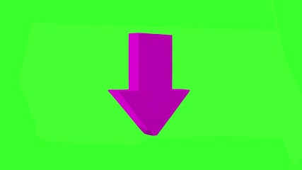 A glossy purple 3D arrow pointing downward slowly rotates in a seamless loop against a solid green screen background. Ideal for call-to-action elements, download prompts, scroll indicators, and chroma