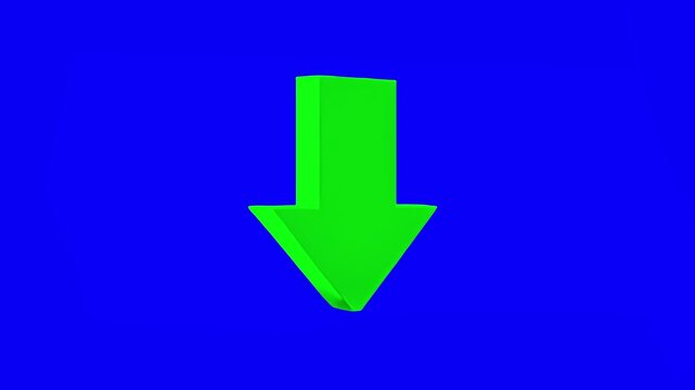 A bright neon green 3D arrow with sharp edges, pointing directly down. The arrow is set against a vibrant, saturated blue background, creating a high-contrast visual. This simple geometric asset is id