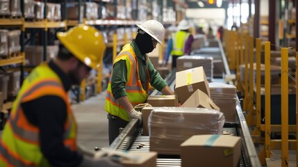 Fototapeta premium Employees Wearing Safety Vests and Hard Hats Carefully Handle Packages on a Warehouse Conveyor Belt, Ensuring Efficient, Secure, and Orderly Logistics Operations in the Warehouse Environment