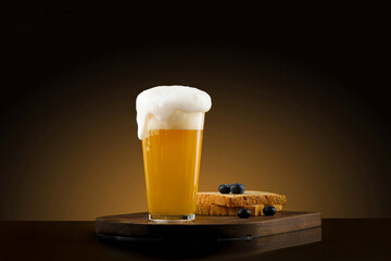 Beer glass with blueberries and toast on a wooden board. Dark background. Classic and Modern Cocktails – Mojito, Margarita, Martini, and More
