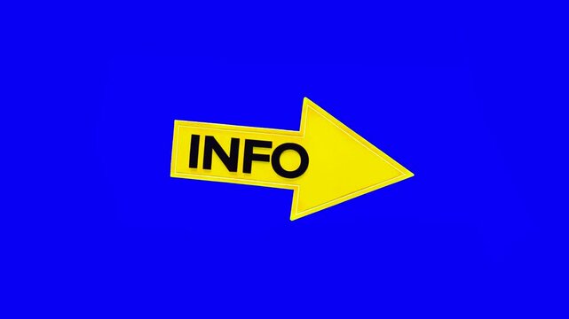 A bright yellow arrow with the word "INFO" inside, pointing right on a solid blue screen background. This asset provides an alternative for blue-screen compositing in professional video production.