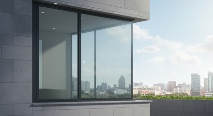 Modern architectural design with glass windows overlooking a cityscape on a sunny day copy space