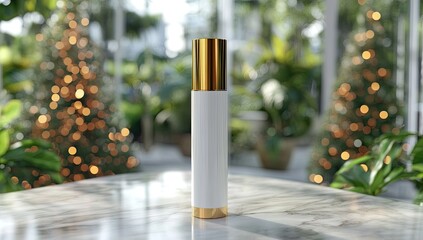 White bottle w/gold accents, on marble, plants & lights