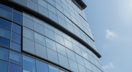 Modern architecture of a glass building against a bright blue sky angled upward perspective