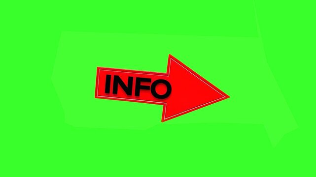A solid red 3D arrow pointing to the right with 'INFO' written in black capital letters. Set against a chroma key green background, this asset is perfect for video overlays providing additional detail