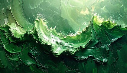 Abstract painting of swirling, vibrant green waves