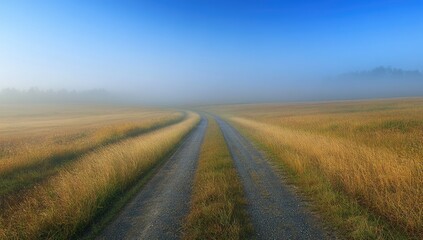 Misty road stretches through field, gradient blue sky above