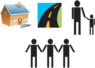 Family Home and Road with People Icons | Community, Neighborhood, Travel, and Family Relationship Illustration