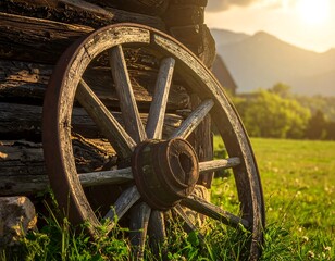 Aged wooden wagon wheel resting against weathered log cabin wall at sunset