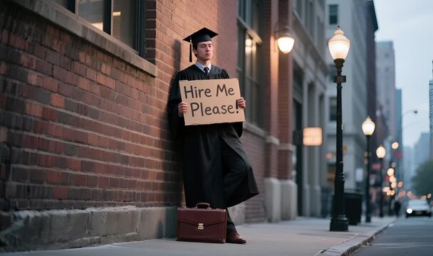 Graduate in Cap and Gown Holding Hire Me Please Sign