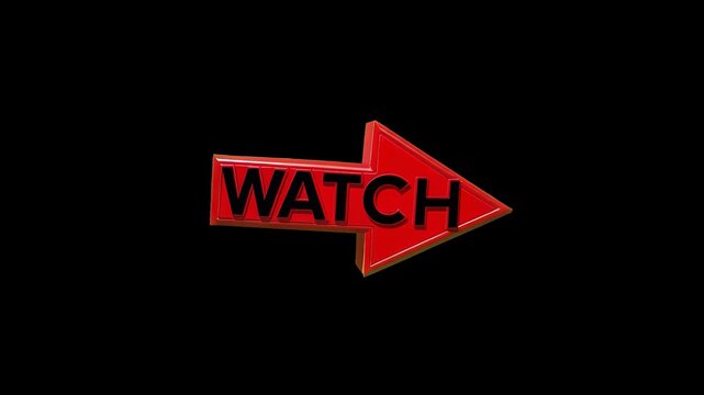 A bold red 3D arrow with the word WATCH pointing to the right, isolated on a solid black background. This high-contrast call-to-action is perfect for movie trailers, YouTube thumbnails, and premium vi