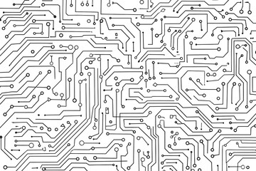 A detailed view of a black and white circuit board pattern with lines and circular connections