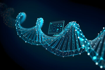 A computer screen displaying data positioned on a digital dna strand against a dark background