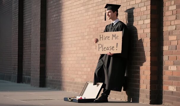 Graduate in Cap and Gown Holding Hire Me Please Sign